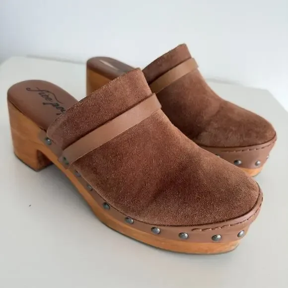 Free People Calabasas Clog Platform 40 Brown Suede Wooded Slip On Mule Stud Heel - Picture 4 of 13